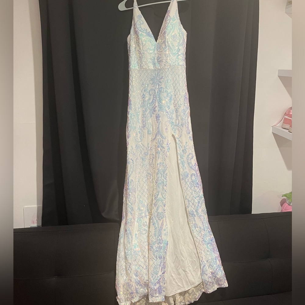 Macys Sequence Prom Dress. Size 9. White with multicolor sequence. Worn Once.